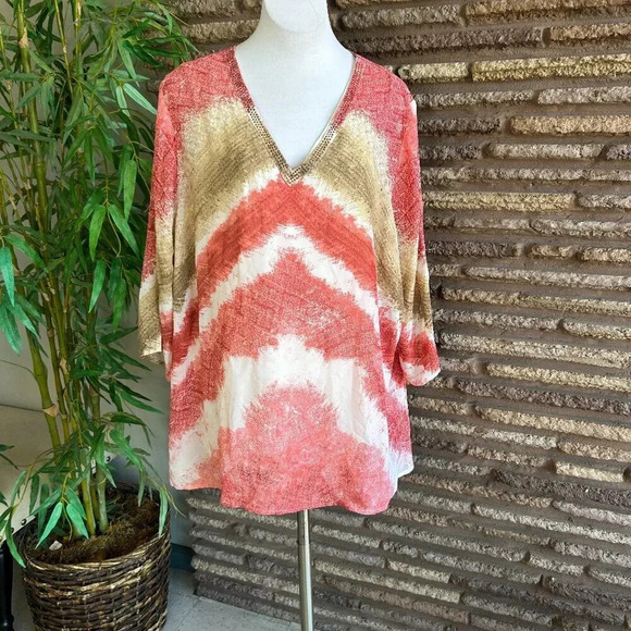 Catherine's Coral Watercolor Chevron Stripe V Neck Tunic Top Size 2X NWT… - Picture 1 of 7